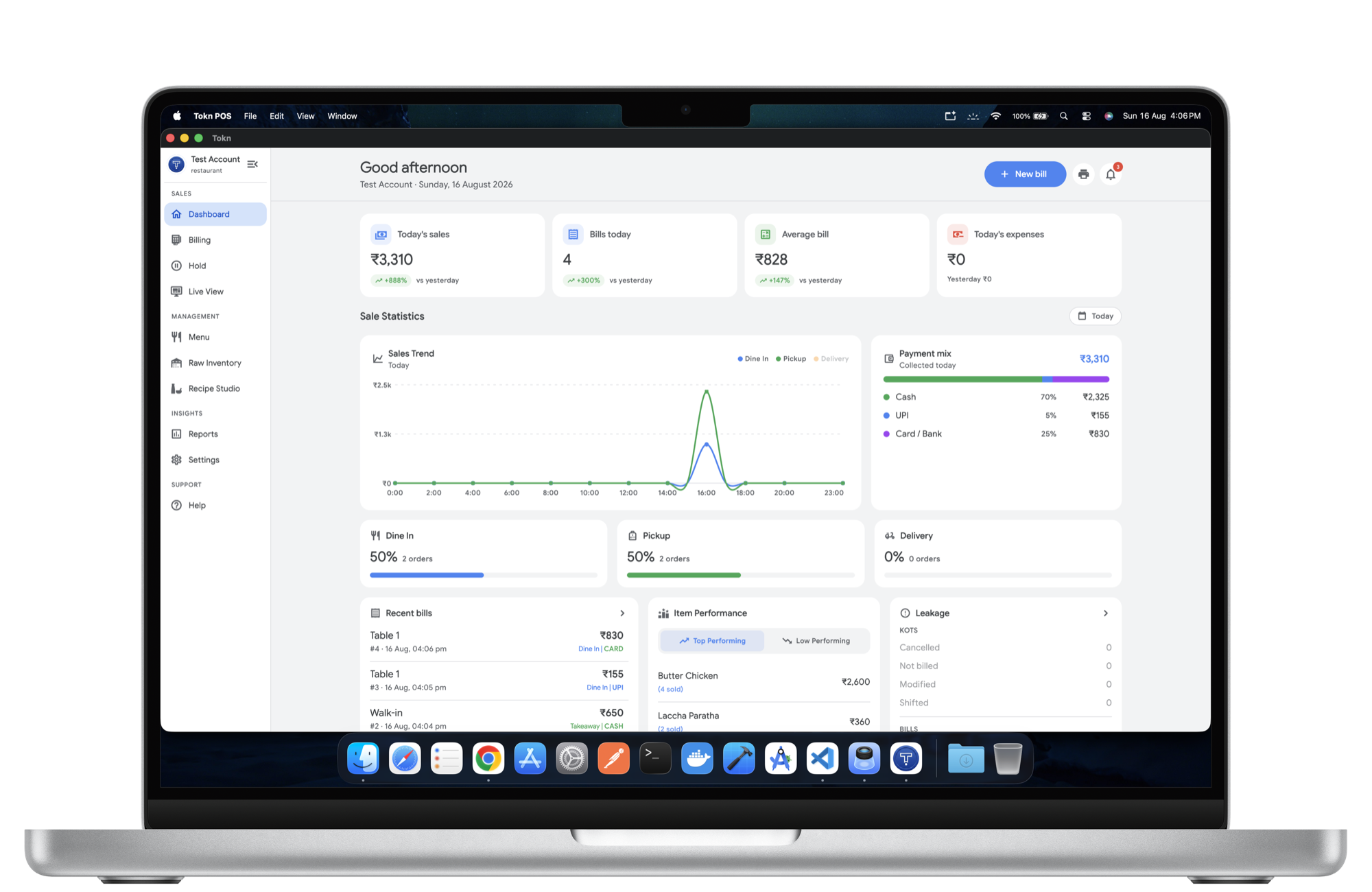 Tokn on a laptop: the dashboard showing today's sales, bill count, average bill, a sales trend chart and the payment mix