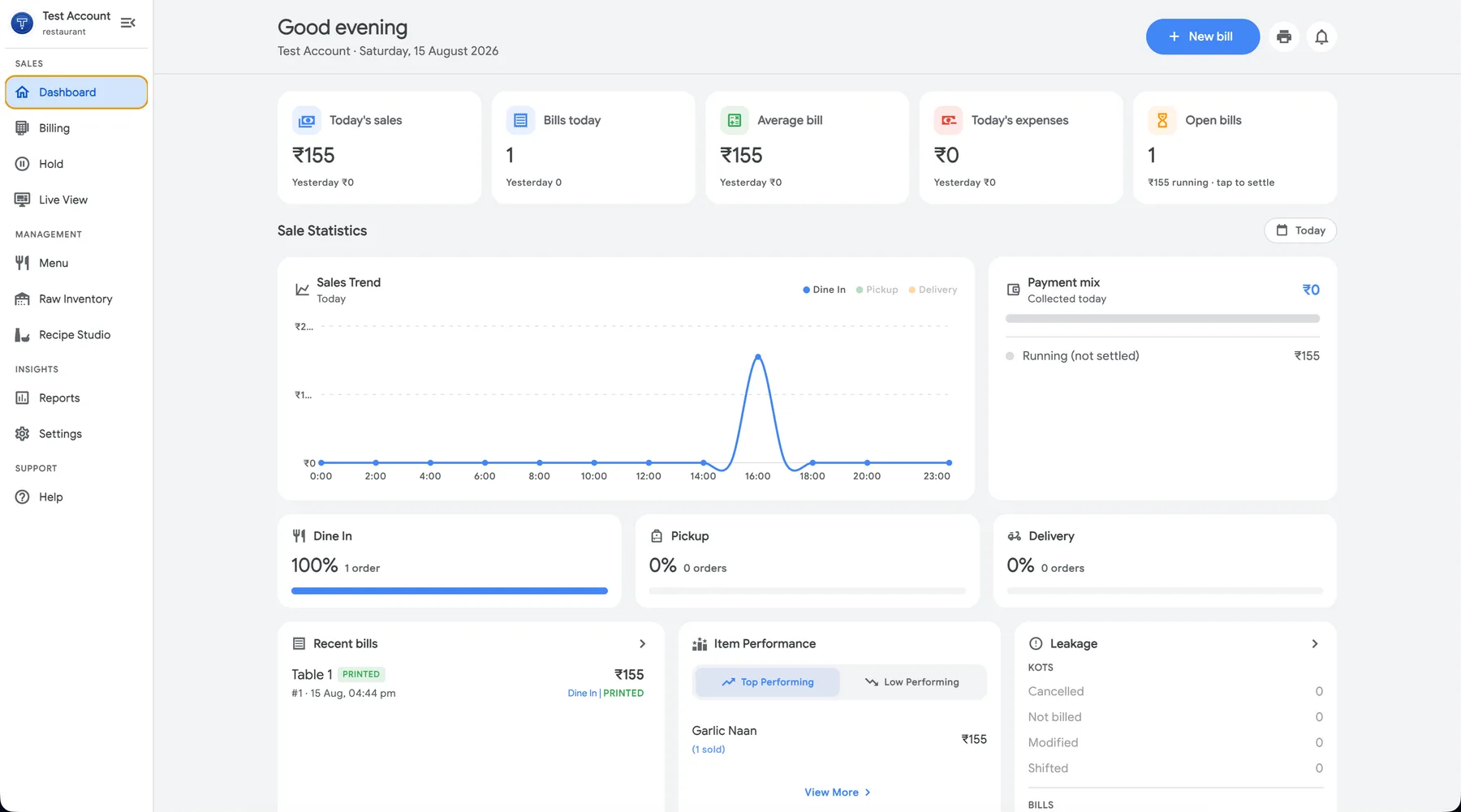 The Tokn desktop app: a dashboard showing today's sales, bill count, average bill and open bills across the top, a sales trend chart and payment mix below, and cards for recent bills, item performance and leakage.