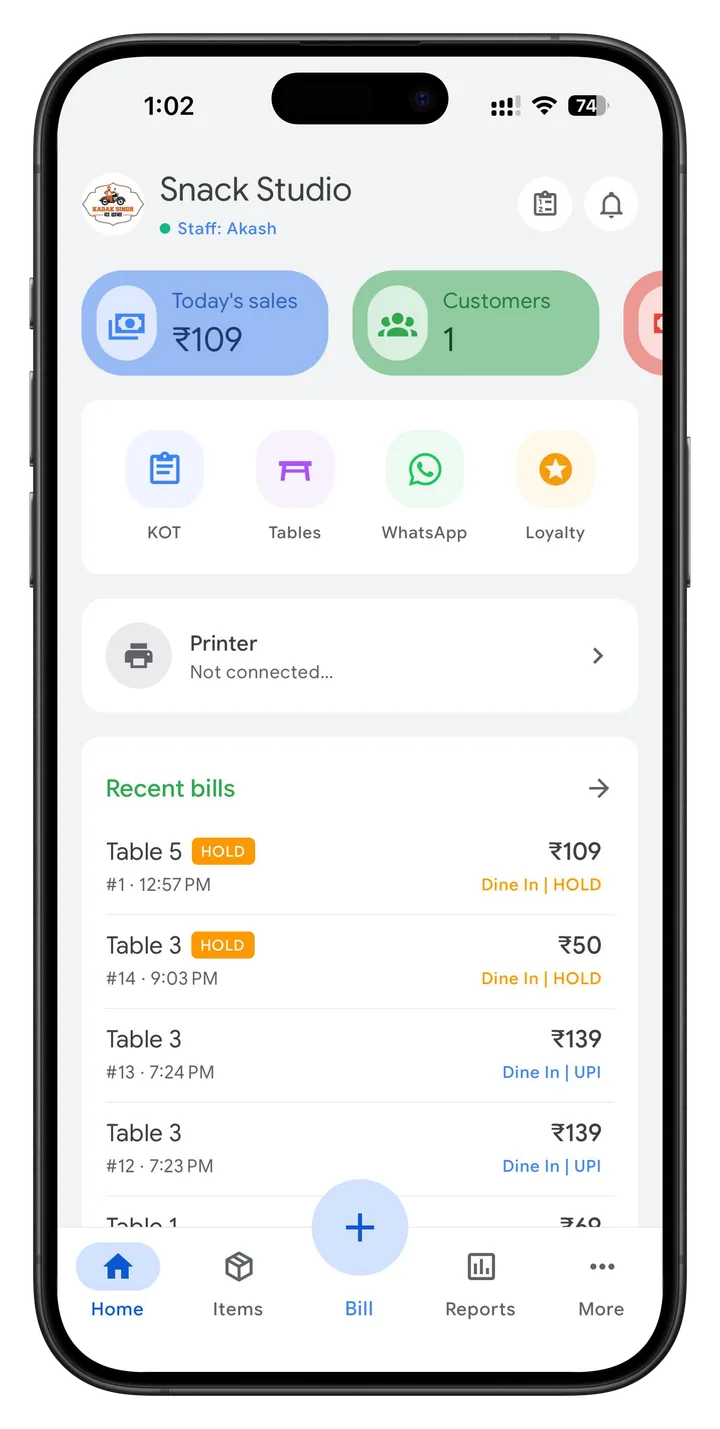 Tokn on a phone: today's sales, KOT, tables, WhatsApp and loyalty shortcuts, and recent bills